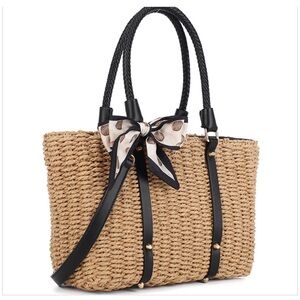 Woven Straw Tote Bag with Black Trim and Bow